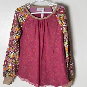 Matilda Jane 435 girls top. Floral/ stripes with sheer overlay. Size 8.